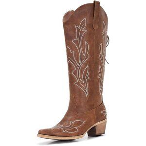 Women's Brown Wide Calf Western Adjustable Tie Knee High Square Toe Cowgirl Boot